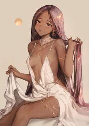 1girls armband bare_arms bare_legs bare_shoulders bare_thighs breasts brown_eyes brown_hair cleavage dark-skinned_female dark_skin deep_cleavage demi_(nashidrop) ear_ring eyebrows_visible_through_hair female female_only gold_jewelry hair_ornament holding_hair inner_sideboob jewelry long_hair looking_at_viewer nashidrop navel navel_line necklace side_view sideboob simple_background sitting skimpy_clothes small_breasts solo tanned tanned_skin thigh_strap thighs white_clothing white_dress rating:Questionable score:55 user:CalZone