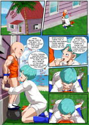 1boy 1girls 2022 blue_eyes blue_hair blush bulma_briefs bulma_briefs_(beginnings_of_dragon_ball_z) closed_eyes clothed comic comic_page deepthroat dialogue dragon_ball dragon_ball_z ear_piercing fellatio female hi_res kneeling krillin kuririn male oral outside penis popblackcherry saliva short_hair small_penis small_penis_adoration smaller_male speech_bubble straight text tubetop rating:Explicit score:116 user:Moxee