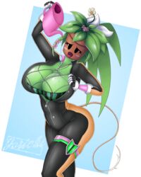  big_breasts black_eyes blaster_master blaster_master_zero_2 blaster_master_zero_3 blush bodysuit cleavage curvy_figure eyelashes female flower flower_in_hair green_body green_skin jorichi kanna_(blaster_master) leaf_hair mob_face plant_hair plant_humanoid plantie solo solo_female tail tongue tongue_out video_games water wet wide_hips |_|  rating:questionable score: user:squiddems