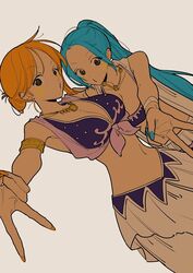 2girls alabasta belly_dancer belly_dancer_outfit blue_hair cleavage dancer dancer_outfit female female_only harem harem_girl harem_outfit huge_breasts large_breasts long_hair looking_at_viewer medium_hair nami necklace nefertari_vivi oioioioiai one_piece orange_hair ponytail popopopiai pre-timeskip pre_timeskip rating:Questionable score:112 user:TheKindHaremMaster