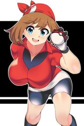 1girls armwear big_breasts bike_shorts black_shorts blue_eyes bottomwear breasts brown_hair female female_only game_freak gloves hair headband headwear huge_breasts looking_at_viewer may_(pokemon) nintendo pokeball pokemon pokemon_rse red_shirt shirt shorts solo solo_female thick_thighs thighs topwear volyz rating:Questionable score:90 user:daft_human