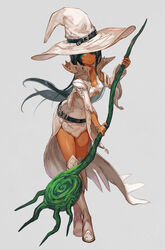 1girls black_hair female green_eyes hair_over_one_eye knee_boots lack solo staff witch witch_hat rating:Questionable score:10 user:witchytime