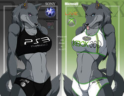 2010s 2011 2d anthro athletic athletic_female black_nose blue_eyes bra cleavage clothed clothing digital_media_(artwork) duo ear_piercing earrings english_text female female_only fur furry furry_only grey_body grey_fur hands_behind_back humor logo looking_at_viewer meme microsoft navel one_eye_closed pink_eyes playstation playstation_3 playstation_button_symbol playstation_logo slim smile smirk sony sports_bra sportswear standing text tight_clothing tight_fit tongue tongue_out video_games walter_sache wink xbox xbox_360 xbox_game_studios xbox_logo rating:Questionable score:161 user:4bnc