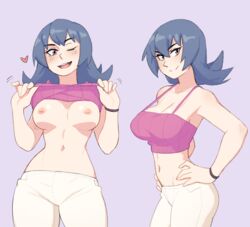 1girls black_hair breasts breasts_out dark_hair dual_persona female flashing heart light-skinned_female light_skin long_hair looking_at_viewer medium_breasts multiple_views nipples no_bra pink_eyes pink_shirt pokemon pose presenting presenting_breasts red_eyes rob_ishi sabrina_(pokemon) sabrina_(pokemon_hgss) shirt_lift shirt_up simple_background solo tank_top white_pants rating:Explicit score:210 user:ToggafNaelik