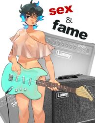 big_breasts black_hair blue_highlights bottomless breasts coal_(lunydoobles) convenient_censorship covering_crotch electric_guitar female guitar lunydoobles no_bra no_bra_under_clothes see-through see-through_clothing see-through_top tagme tomboy rating:Questionable score:89 user:Rapattack12