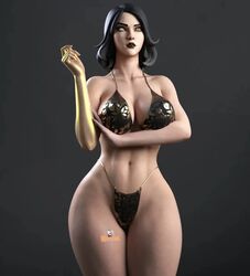 big_breasts bikini black_hair curvy curvy_female fortnite gold_eyes marigold_(fortnite) thick_thighs rating:Explicit score:40 user:Bozobro