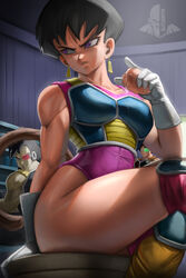 2boys armor background_character black_hair clothing dragon_ball ear_piercing earrings elitenappa female female_focus female_saiyan fruit indoors legs_crossed looking_back male piercing purple_eyes saiyan saiyan_armor scouter seripa sitting stool tail thick_thighs wide_hips rating:Questionable score:240 user:Rex_Hollins