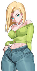 android android_18 belly belly_button big_breasts blonde_hair blue_eyes bob_cut breasts crop_top dragon_ball dragon_ball_z hips jeans large_breasts nia4294 nia_(nia4294) nipple_bulge thick thick_thighs tight_clothing tummy wide_hips rating:Explicit score:434 user:Fumeknight1