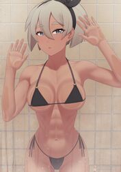 abs against_glass bangs bare_arms bea_(pokemon) bikini blonde_hair blush bow_hairband female female_only gym_leader hairband hands_up indoors looking_at_viewer nintendo pokemon pokemon_ss putcher shower solo swimsuit tile_wall rating:Questionable score:91 user:terrorgnome