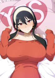 1girls bare_shoulders black_hair blush breasts busty earrings female female_only hi_res inviting large_breasts looking_at_viewer lying pillow red_eyes red_sweater shy solo_female spy_x_family sweater upper_body yes-no_pillow yes_pillow yor_briar yor_forger yu-ta rating:Questionable score:191 user:crazybaby