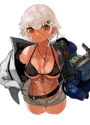 abs bangs bare_midriff bikini bikini_top black_bikini_top breasts brown_eyes cross dark-skinned_female dark_skin exposed front-tie_bikini front_view hair_between_eyes hairclip horizontal_pupils midriff navel navel_line necklace open_clothes open_jacket robot robotic_arm scar scar_on_face scars short_hair short_shorts shorts swimsuit tagme white_hair yu2 yu2maru rating:Questionable score:36 user:CalZone