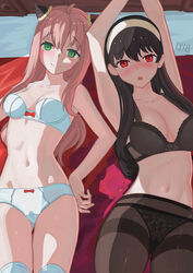 2girls aged_up alternate_version_available anya_forger armpits bed black_hair blush bra breasts eye_contact female female_only green_eyes hair_ornament long_hair looking_at_viewer lyib mature_female medium_breasts mother_and_daughter multiple_girls on_bed panties pantyhose pink_hair red_eyes spy_x_family thighs yor_briar younger_female rating:Questionable score:193 user:Thebuki