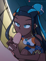 1boy 1girls blowjob blue_eyes blue_hair blush clothed clothed_female_nude_male dark-skinned_female dark_skin earrings fellatio game_freak gym_leader hair_ornament holding_penis interracial long_hair looking_at_partner necklace nessa_(pokemon) nintendo penis pokemon pokemon_ss tobias_wheller rating:Explicit score:399 user:LukeSkyLuke