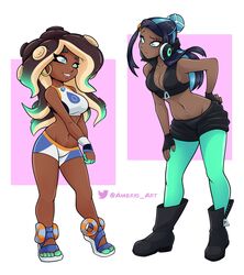 2girls ambris bare_midriff big_breasts blue_eyes boots breasts cleavage dark-skinned_female earrings female female_focus female_only gym_clothes headphones marina_(splatoon) nessa_(pokemon) nintendo octoling open_toe_shoes outfit_swap pokemon pokemon_ss sandals shorts smile splatoon twitter_username rating:Safe score:262 user:Rapattack12