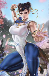 1girls bangle big_ass big_breasts black_eyes black_footwear blue_pants blue_sky boob_window bracelet breasts bridge brown_hair capcom cherry_blossoms china_dress chinese_clothes chun-li cleavage cleavage_cutout clothing_cutout dandon_fuga double_bun dress earrings eyeshadow hair_bun hair_ribbon highres jewelry knee_up large_breasts leggings lipstick looking_at_viewer makeup muscular muscular_female outdoors palms pants pearl_earrings pelvic_curtain petals ribbon short_sleeves sky smirk standing standing_on_one_leg street_fighter street_fighter_6 thick_thighs thunder_thighs tight_pants tights tree two-tone_dress yellow_ribbon yoga_pants rating:Explicit score:248 user:Crcole331