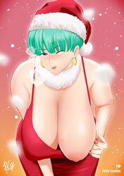 1girls areolae big_breasts blue_eyes blue_hair blush bulma_briefs christmas dragon_ball dragon_ball_super dragon_ball_z dress earrings female female_only hanging_breasts hi_res highres light-skinned_female light_skin looking_at_viewer married_woman mature_female milf mother nipples one_breast_out one_eye_closed pocox red_dress santa_hat short_hair solo veiny_breasts wife rating:Explicit score:99 user:King_of_Zob