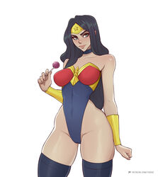 1girls amazon black_hair blue_hair blush cameltoe choker dc dc_comics diana_prince female female_only leotard light-skinned_female lollipop long_hair looking_at_viewer nail_polish painted_nails solo thick_thighs toksie wide_hips wonder_woman wonder_woman_(series) rating:Questionable score:206 user:Tronitrus