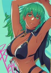 1girls absurdres aduti_momoyama alternate_costume arms_up bikini black_bikini black_swimsuit breasts byleth_(fire_emblem) byleth_(fire_emblem)_(female) byleth_(summer)_(fire_emblem)_(female) cleavage closed_mouth dark-skinned_female dark_skin female female_only fire_emblem fire_emblem:_three_houses fire_emblem_heroes green_eyes green_hair highres large_breasts long_hair looking_at_viewer navel nintendo official_alternate_costume smile solo swimsuit rating:Questionable score:26 user:kris923