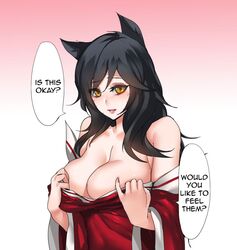 9_tails ahri animal_ear_fluff animal_ears animal_girl big_breasts black_hair breasts busty cleavage clothing color dialogue english_text eyelashes eyeliner eyeshadow facial_markings female fluffy fluffy_ears fluffy_tail fluffy_tails fox fox_ears fox_girl fox_tail furry_tail huge_breasts humanoid inner_ear_fluff kemonomimi kitsune large_breasts league_of_legends light-skinned_female light_skin long_hair multiple_tails nine_tailed_fox pale-skinned_female pale_skin pd riot_games tail text vastaya video_games yellow_eyes rating:Explicit score:24 user:LewdVesani