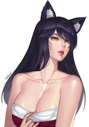 1girls ahri big_breasts cleavage female female_only fox_ears league_of_legends light-skinned_female looking_at_viewer solo weni rating:Explicit score:75 user:deleted7316