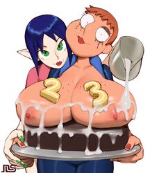 2girls areola areolae big_breasts birthday_cake blue_hair bombchu_lady breasts breasts_out cake cleavage clothed crazy dark_eyeshadow family_guy female female_focus female_only fingernails gigantic_breasts green_eyes green_nails huge_breasts icing jennifer_(family_guy) large_breasts lewdcactus light-skinned_female nail_polish namespace nipples orange_hair partially_clothed red_hair red_lips red_lipstick red_nails running_makeup running_mascara runny_makeup the_legend_of_zelda rating:Explicit score:158 user:AnonHazeEdits