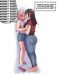 2girls against_wall akiosketch akiosketchb ame_(akiosketch) barefoot big_ass big_breasts blush breasts bubble_butt choker emma_(akiosketch) english_text feet female femsub flip_flops flustered glasses height_difference how_to_talk_to_short_people jean_shorts jeans lifting_person mommy_kink mommy_sorry_mommy_sorry_mommy_sorry size_difference submissive_female t-shirt tagme taller_female tank_top yuri rating:Explicit score:322 user:Rapattack12