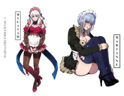 2girls adapted_costume alternate_costume ass bangs bare_thighs black_panties blue_hair breasts cleavage cleavage_cutout ear_piercing english_text female female_only fire_emblem fire_emblem:_radiant_dawn fire_emblem:_three_houses garreg_mach_monastery_uniform grey_eyes grey_hair heart heart_cutout high_heels large_ass large_breasts leggings light_blue_hair long_hair looking_at_viewer maid marianne_von_edmund medium_breasts micaiah_(fire_emblem) multiple_girls nervous nervous_smile nintendo panties pantyhose pantyshot pantyshot_(sitting) piercing short_hair shy silver_hair sitting smile text thiccwithaq thick_thighs thighhighs thighs underwear upskirt wavy_mouth white_hair yellow_eyes rating:Questionable score:88 user:kris923