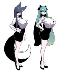 2girls ahri animal_ears ass ass_in_dress big_breasts blouse breasts button_gap female female_only heels huge_breasts league_of_legends long_hair multicolored_hair office_clothing office_lady shirt skirt smile sona_buvelle tail tight_clothing white_background yabby rating:Questionable score:139 user:garaldanon5