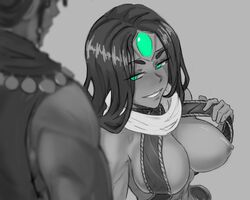 1boy 1girls big_breasts blush crown dark-skinned_female dark_hair flashing flashing_breasts green_eyes greyscale human jingzydraws league_of_legends long_hair nipples scarf sivir sketch smile smiling suggestive suggestive_look rating:Explicit score:49 user:pehpehguh