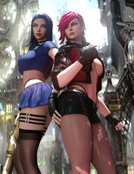 2girls 3d arcane arcane_caitlyn arcane_vi athletic_female blue_hair caitlyn_kiramman canon_couple grabbing_ass human johntwo league_of_legends muscular_female red_hair revealing_clothing skirt vi yuri rating:Questionable score:218 user:Starfatass