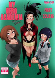 3girls amano44 black_hair blush blushing blushing_at_viewer brown_hair cape clothed clothed_female clothing doujin doujin_cover doujinshi female female_only hero_outfit_(mha) kyoka_jiro looking_at_viewer momo_yaoyorozu my_hero_academia ochako_uraraka purple_hair school_uniform shounen_jump rating:Explicit score:129 user:Hshdhdichf