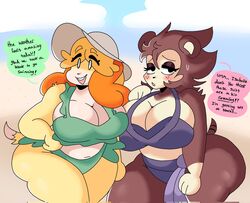 2022 2girls alternate_breast_size animal_crossing big_breasts breasts cleavage dork_boi female isabelle_(animal_crossing) lewd_dorky mob_face nintendo sable_able swimsuit thick_thighs rating:Explicit score:50 user:Rapattack12