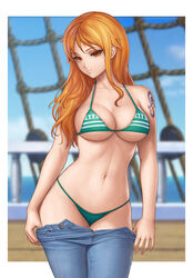 1girls big_breasts bikini bikini_bottom breasts female female_only flowerxl jeans lowered_pants nami_(one_piece) nipples one_piece orange_hair pants_pull pirate see-through_clothing solo tattoo thick thick_thighs thighs thin_waist undressing wide_hips rating:Questionable score:231 user:gordon9