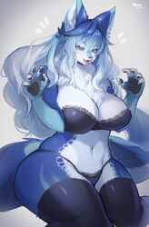 1girls 5_fingers anthro big_breasts blue_eyes blush breasts canine cleavage clothing female fur furry furry_only looking_at_viewer navel open_mouth solo suurin_(ksyaro) tagme tail thick_thighs tongue wide_hips rating:Questionable score:94 user:Rapattack12