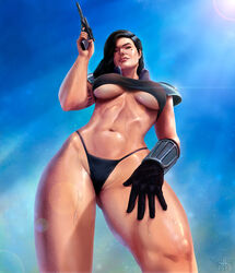 black_hair cara_dune fit_female large_breasts one_glove roninart shoulder_armor star_wars sweat the_mandalorian thick_thighs thong underboob viewed_from_below rating:Questionable score:96 user:TheKindHaremMaster