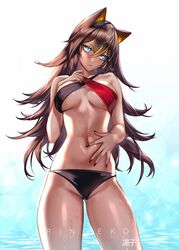 animal_ears artist_name black_nails black_swimsuit blue_eyes blush breasts brown_hair closed_mouth dark-skinned_female dark_skin dehya_(genshin_impact) eyebrows_behind_hair female genshin_impact hand_on_own_chest hand_on_own_stomach highres long_hair looking_at_viewer medium_breasts nail_polish navel ringeko_chan signature sparkle standing swimsuit water water_drop rating:Explicit score:116 user:Polio101