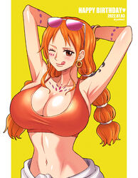 1girls belly_button big_breasts braided_hair breasts crop_top earrings female female_only hands_behind_head huge_breasts large_breasts licking_lips light-skinned_female light_skin long_hair looking_at_viewer nami navel one_piece one_piece_film_red orange_hair slim slim_body solo sunglasses sunglasses_on_head tattoo top_heavy upper_body wink winking winking_at_viewer yohkn3 rating:Questionable score:227 user:TnAPlay