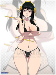 1girls assassin bikini black_hair hair_ornament large_breasts layerth looking_at_viewer red_eyes smile spy_x_family stiletto_(weapon) thorn_princess watermark weapon yor_briar rating:Questionable score:35 user:TheKindHaremMaster