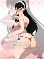 ass bikini black_hair blush bubble_butt hairband huge_breasts layerth looking_at_viewer looking_back red_eyes spy_x_family voluptuous watermark yor_briar rating:Questionable score:36 user:TheKindHaremMaster