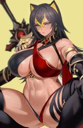 abs animal_ears anthro black_hair blue_eyes blush busty cleavage curvy dark-skinned_female dark_skin dehya_(genshin_impact) female female_only genshin_impact halterneck hi_res looking_at_viewer navel spread_legs squatting sword taesi thick_thighs thighhighs toned toned_female underboob yellow_hair rating:Questionable score:247 user:Monalicious