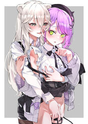 2girls absurdres animal_ears bangs black_headwear black_legwear black_shorts black_skirt blouse blush breast_grab breasts cardigan clothes_lift collared_shirt covered_nipples demon_girl demon_tail ear_piercing earrings eyelashes eyeliner fake_horns female female_only fingering frills garter green_eyes grey_cardigan grey_eyes grey_hair hair_between_eyes hair_ornament hairclip hi_res high-waist_skirt holoforce hololive hololive_gen_5 hololive_japan horned_headwear horns hug legwear_under_shorts licking licking_ear lifted_by_another lingerie lion_ears lion_girl long_hair long_sleeves looking_at_viewer makeup medium_breasts nipple_tweak nipples nipples_visible_through_clothing no_panties open_cardigan open_clothes open_mouth pantyhose piercing purple_hair pussy pussy_juice saliva shirt shishiro_botan short_hair short_shorts shorts sidelocks skirt skirt_lift sleeveless sleeveless_shirt standing stockings strap_slip suspender_skirt suspenders tail tears thigh_strap tokoyami_towa very_long_hair virtual_youtuber white_shirt x_hair_ornament yuri yuukauta rating:Explicit score:105 user:bot