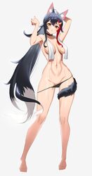 absurdres animal_ear_fluff animal_ears arms_up barefoot black_hair black_panties brown_eyes colored_tips commentary feet female full_body grey_background hair_ornament hair_tie highres hololive hololive_gamers hololive_japan long_hair looking_at_viewer multicolored_hair navel ookami_mio panties panty_pull partially_undressed red_hair solo standing streaked_hair tail tail_around_leg towel towel_around_neck tying_hair underwear very_long_hair virtual_youtuber wangjook_(wj) wet white_hair wolf_ears wolf_tail rating:Questionable score:59 user:DemonKitty15