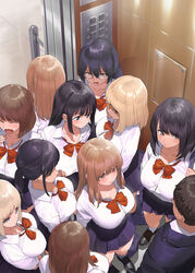 1boy 6+girls black_eyes black_hair blonde_hair blouse blue_eyes blue_skirt bow bowtie breasts brown_eyes brown_hair button_gap cleavage commentary_request elevator glasses kaisen_chuui large_breasts looking_at_another mole mole_under_eye multiple_girls open_mouth original pleated_skirt red_bow red_bowtie school_uniform shirt short_hair skirt standing tears white_shirt rating:Questionable score:247 user:King0