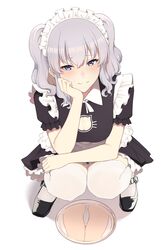 1girls absurd_res absurdres accidental_exposure apron bangs big_breasts black_dress black_footwear blouse blue_eyes breasts cameltoe cat_cutout cleavage cleavage_cutout clothing_cutout cute dress female female_only frills grey_hair hair_between_eyes hi_res highres kantai_collection kashima_(kantai_collection) knees_together_feet_apart lingerie long_hair looking_at_viewer maid maid_apron maid_headdress maid_uniform medium_breasts medium_hair mirror panties pantyshot puffy_short_sleeves puffy_sleeves shirt short_sleeves simple_background smile solo squatting stockings takaman_(gaffe) thighhighs thighs tray two_side_up underwear waist_apron white_background white_legwear white_panties rating:Questionable score:153 user:grimmriper25