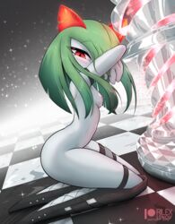 anthro armband athletic_female blush boots breasts eyelashes female game_freak green_hair hair kirlia kneehigh_boots looking_at_viewer nintendo nude orange_eyes pokémon_(species) pokemon rilex_lenov thighband rating:Explicit score:150 user:Potato02