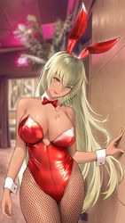 1girls alternate_costume animal_ears arm_at_side arm_support bare_arms bare_shoulders blonde_hair blurry blurry_background breasts bunny_ears bunny_girl bunnysuit closed_mouth commentary commission cowboy_shot depth_of_field english_text fake_animal_ears female female_only fire_emblem fire_emblem:_the_binding_blade fishnet_legwear fishnets hair_between_eyes hartman_hips head_tilt highleg highleg_leotard highres hips hourglass_figure igrene_(fire_emblem) indoors large_breasts legs_together leotard lipstick_mark long_hair looking_at_viewer mixed-language_commentary mole mole_under_eye nintendo pantyhose playboy_bunny rabbit_ears red_leotard shizuko_hideyoshi smile standing strapless strapless_leotard thick_thighs thighs thunder_thighs thunderthighs wide_hips wrist_cuffs yellow_eyes rating:Questionable score:109 user:kris923