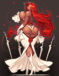 ass ass_cleavage boots breasts bride butt_crack curvy dark-skinned_female dark_elf dark_skin elbow_gloves flower gloves gurimjang high_heels huge_ass huge_breasts long_hair long_skirt looking_back original panties pointy_ears purple_eyes red_hair revealing_clothes sideboob skirt thick_thighs thong very_long_hair wedding_ring wide_hips rating:Questionable score:229 user:Dic