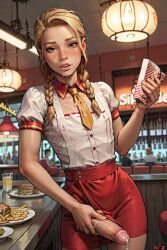  ai_generated cum cum_in_mouth cum_on_clothes fast_food fast_food_uniform femboy handjob katiekursuz_(artist) katiekursuz_(oc) looking_at_viewer standing  rating:explicit score: user:bot