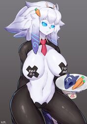 1girls absurd_res anthro aqua_eyes big_breasts blue_sclera breasts bunny_ears buta99 caprine carrot detached_collar female female_only fur furry furry_only grey_background hair_ornament kindred kneeling lamb_(league_of_legends) league_of_legends long_hair looking_at_viewer necktie nipple_pasties pasties pussy_pasty reverse_bunnysuit riot_games sheep_ears short_necktie slit_pupils solo solo_female tray unamused white_fur white_hair x_pasties rating:Questionable score:92 user:BlueVertig0