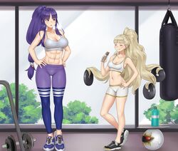 2girls abs alternate_hairstyle altina_(fire_emblem) bangs barbell bike_shorts blonde_hair blue_eyes blue_hair bottle breasts dumbbell eating eitri_(fire_emblem) female female_only fire_emblem fire_emblem:_radiant_dawn fire_emblem_heroes gym highres holding igni_tion long_hair medium_breasts multiple_girls navel nintendo orb ponytail prehensile_hair protein_bar punching_bag sports_bra sweat toned tray very_long_hair water_bottle wavy_hair rating:Questionable score:64 user:kris923